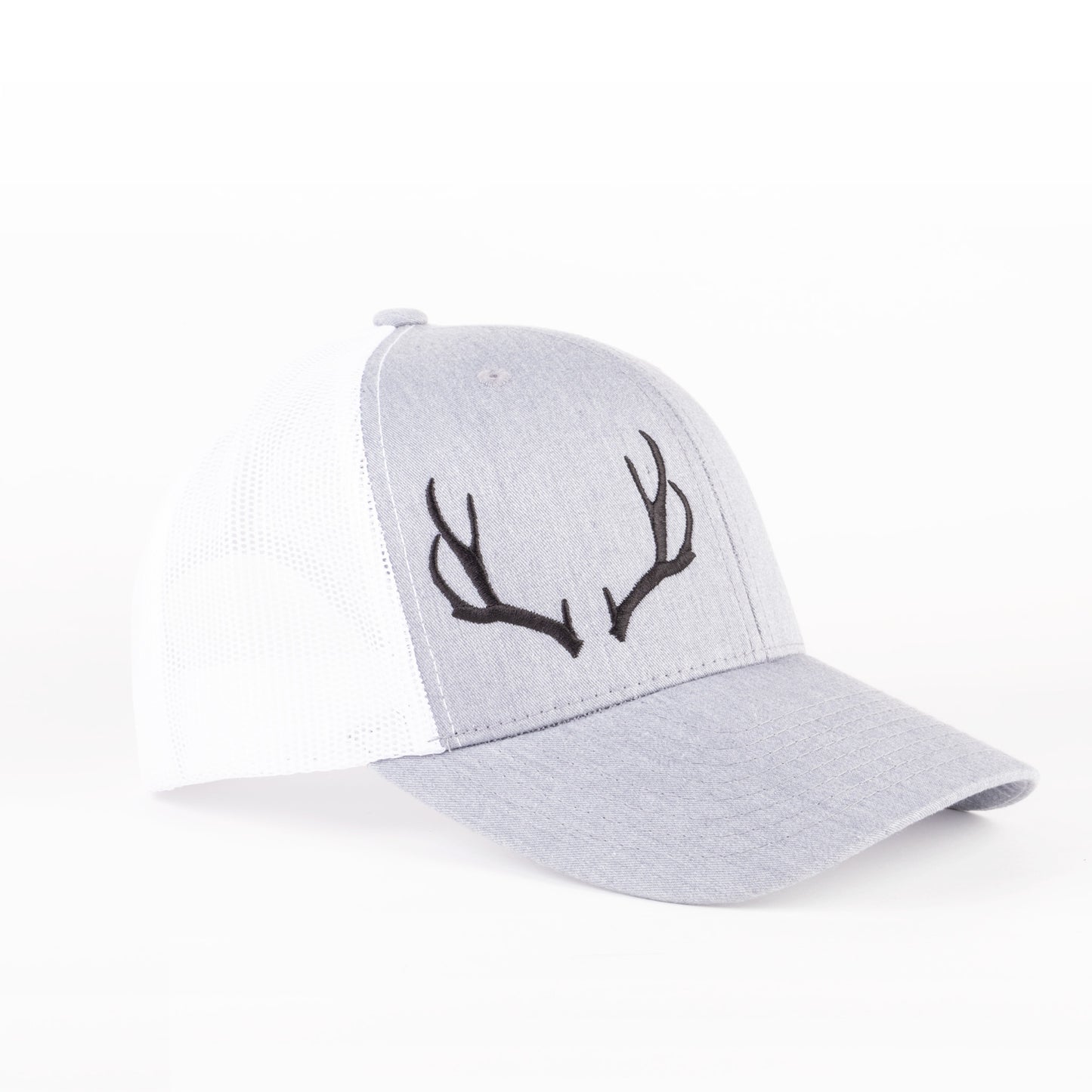 Ash/White Embroidered Open-Antler Trucker Cap