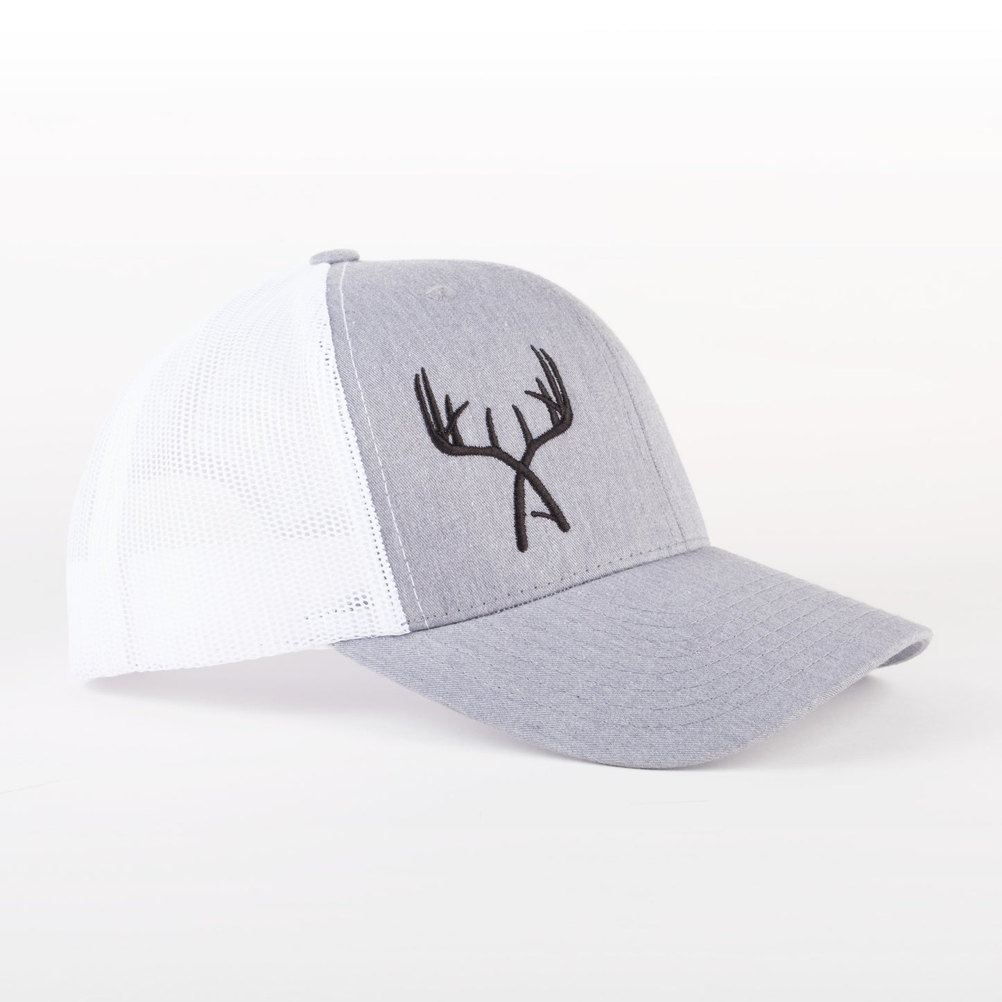 Ash/White Embroidered Crossed Antler Trucker Cap