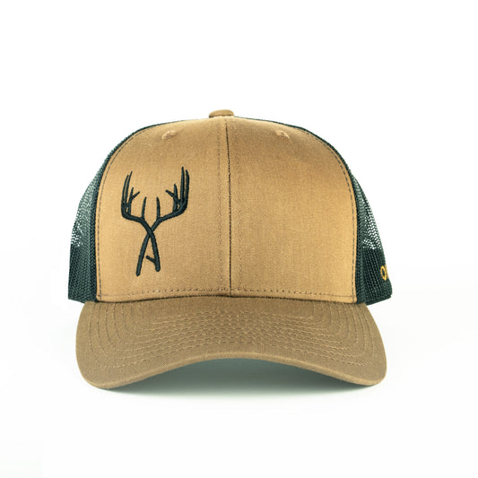 Camel/Black Embroidered Crossed Antlers Trucker Cap