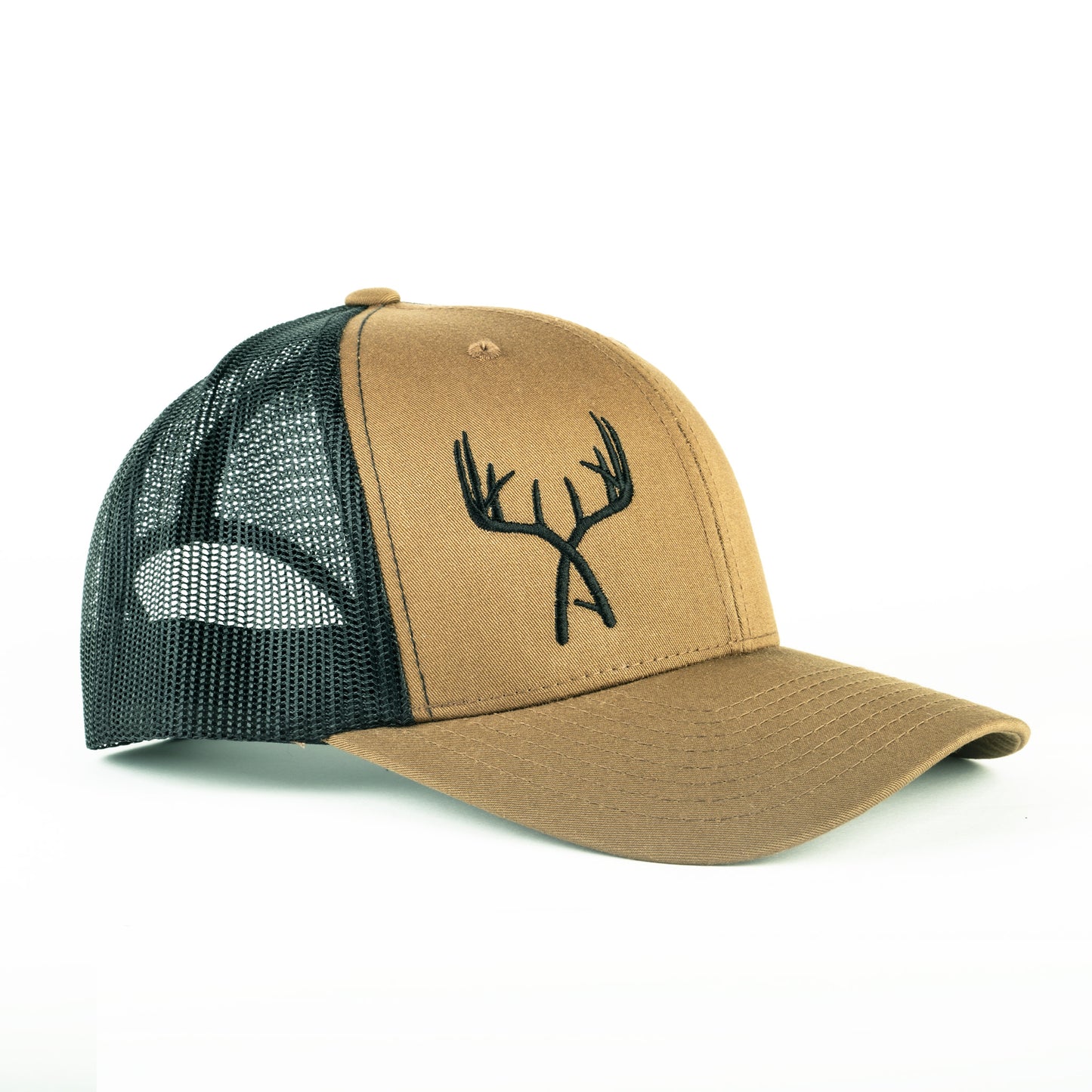 Camel/Black Embroidered Crossed Antlers Trucker Cap