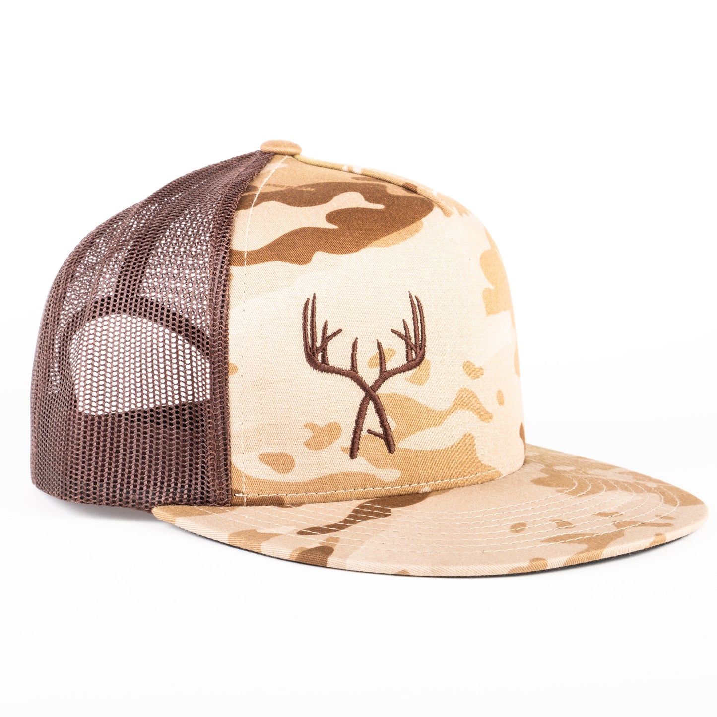 Desert Camo/Brown Embroidered Closed-Antler Trucker Cap (Flat Bill)