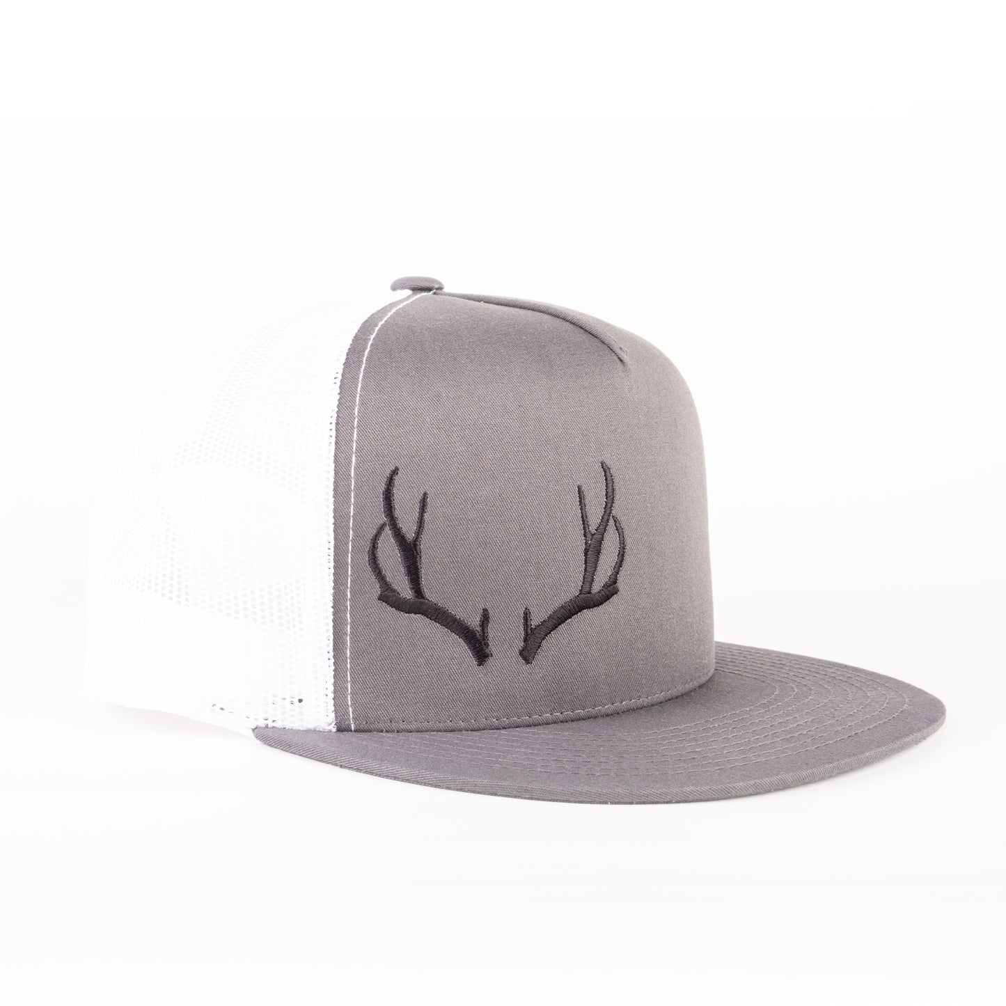 Charcoal/White Embroidered Open-Antler Trucker Cap (Flat bill)