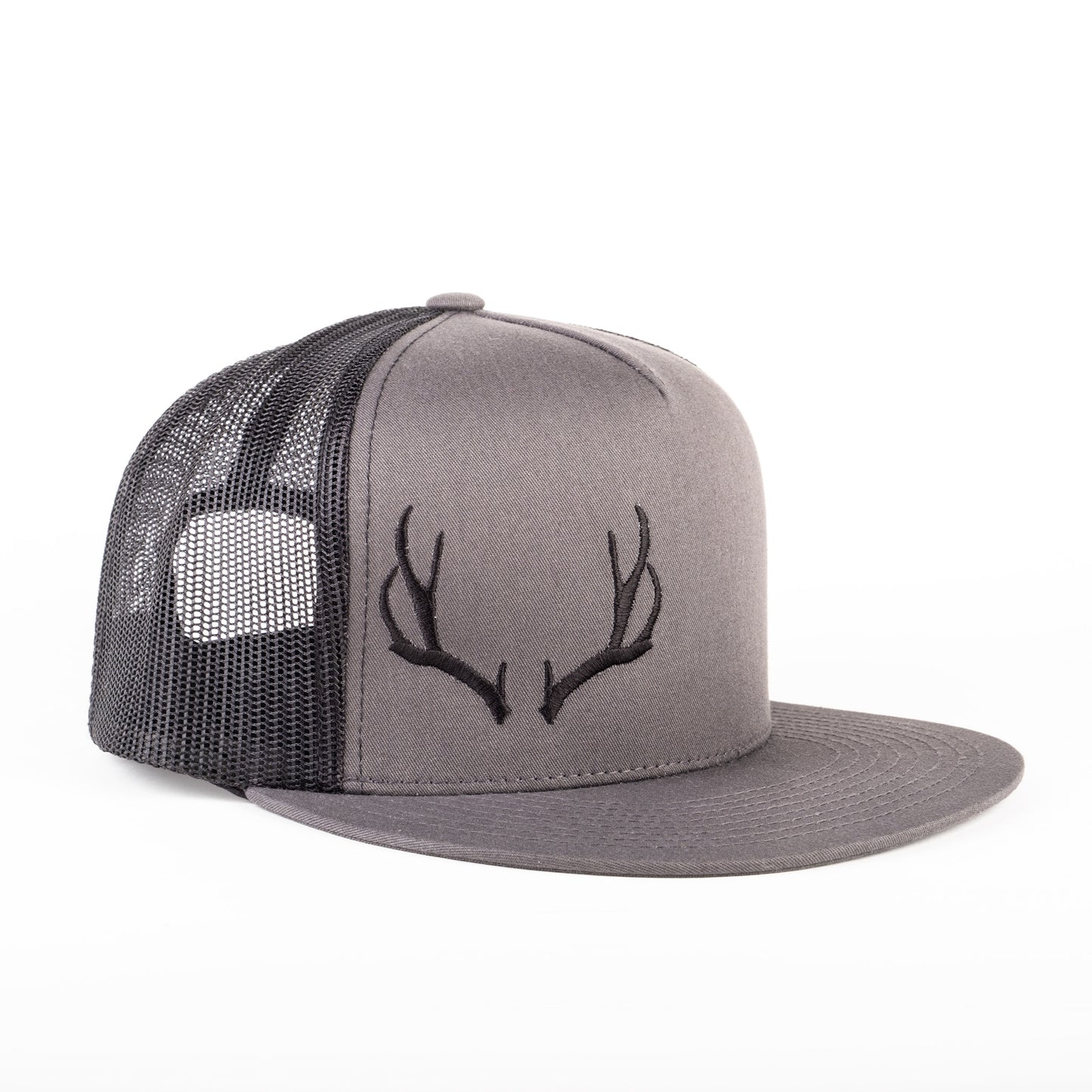 Charcoal/Black Embroidered Open Antler Trucker Cap (Flat Bill)