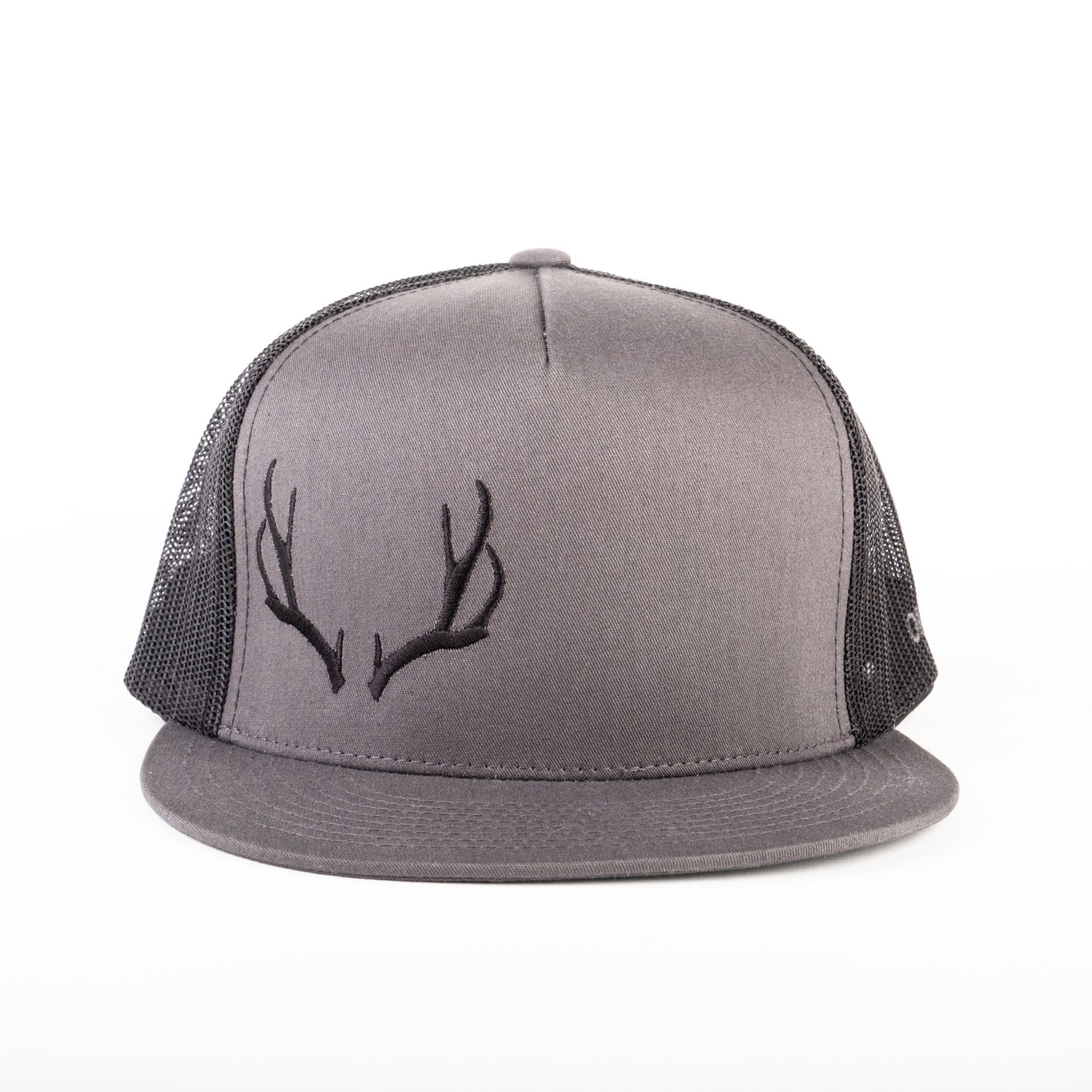 Charcoal/Black Embroidered Open Antler Trucker Cap (Flat Bill)