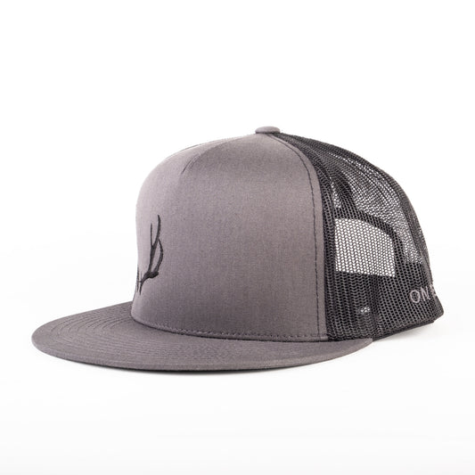 Charcoal/Black Embroidered Open Antler Trucker Cap (Flat Bill)