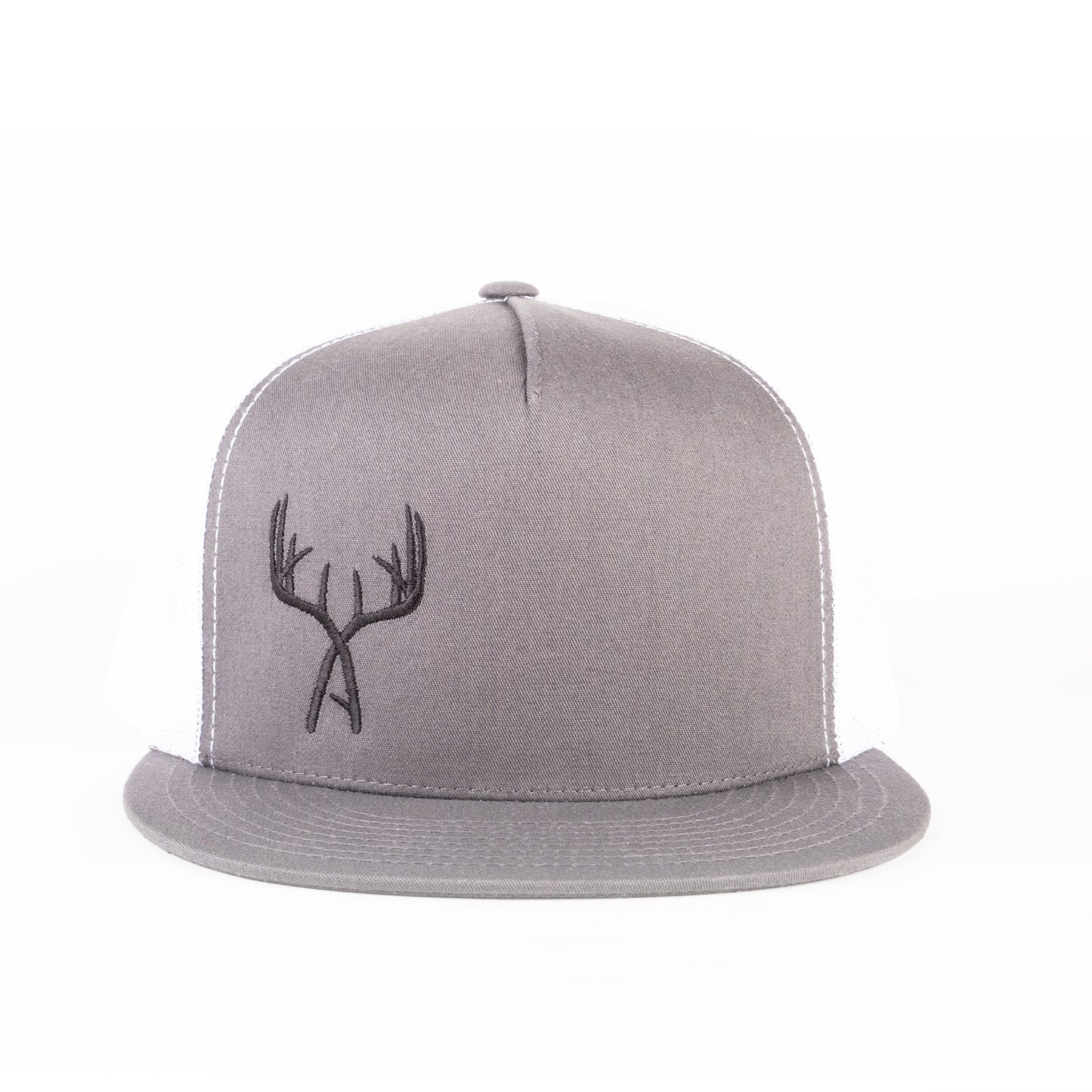 Charcoal/White Embroidered Crossed-Antler Trucker Cap (Flat Bill)